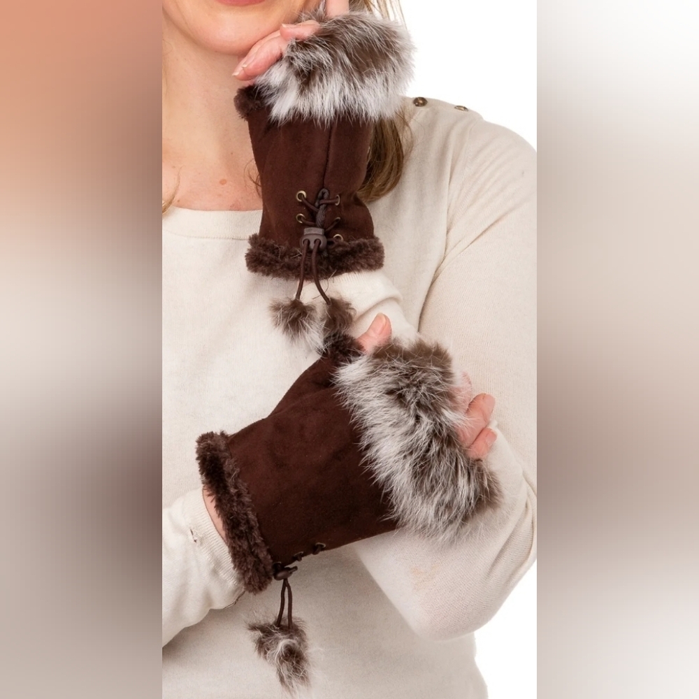 Brown Fur-Trimmed Fingerless Gloves